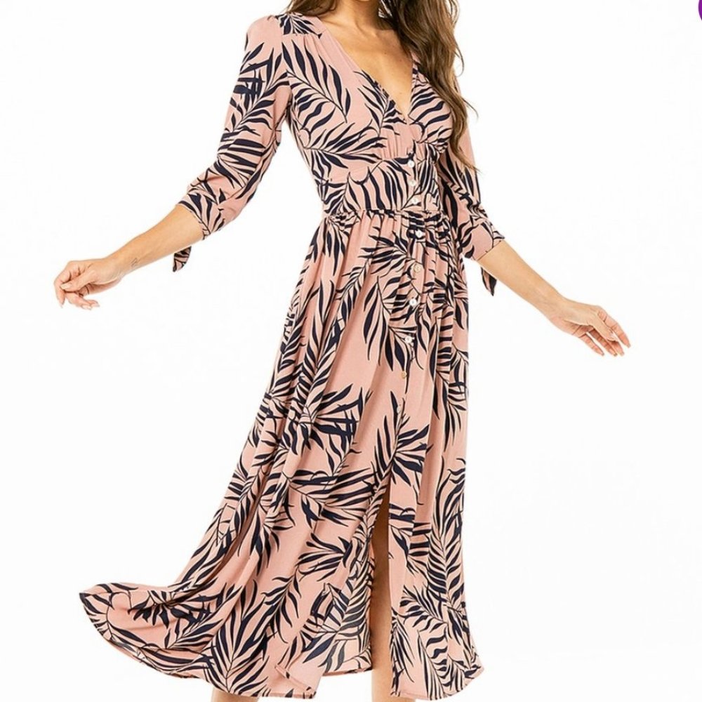 Mauve & Navy Leaf Print Button-Up Midi Dress